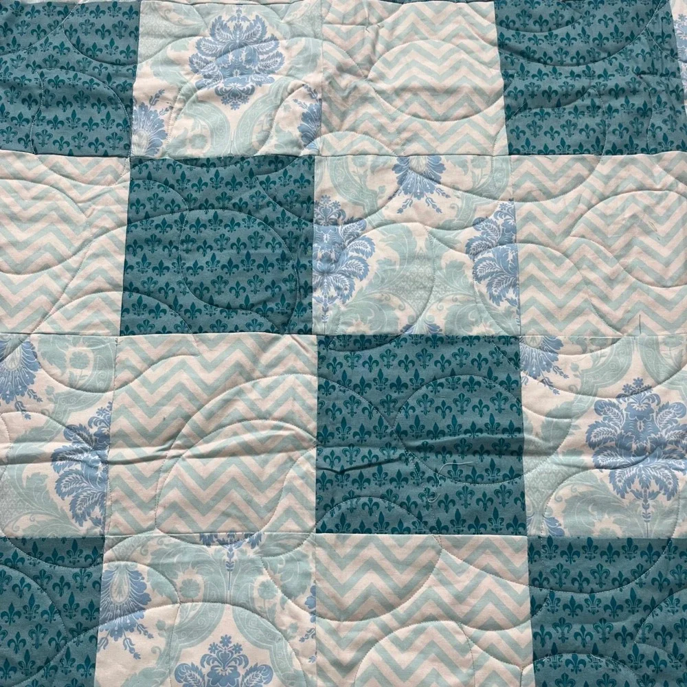 Handmade Reversible Patchwork Quilt Teal Blue Inspirational Graffiti Print 49x44